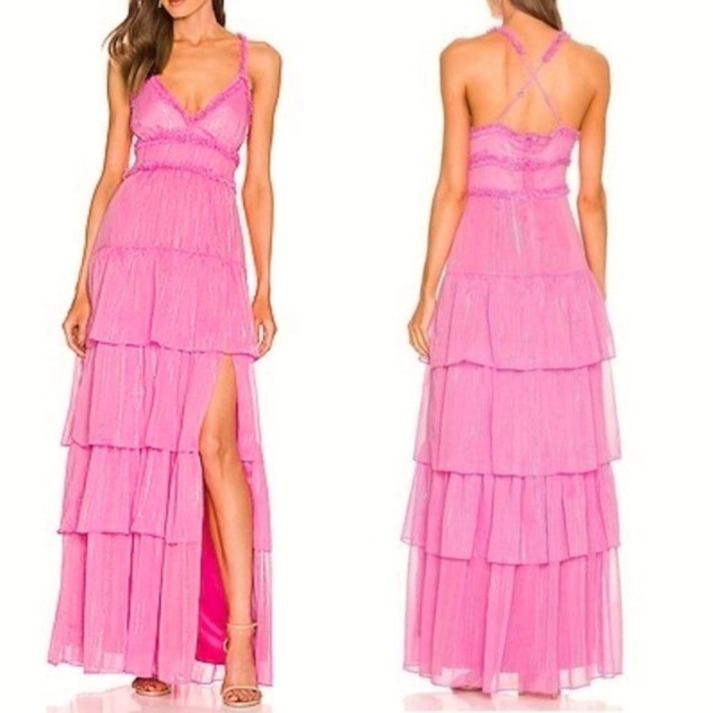 Likely Athena Pink Sugar Metallic Ruffle Tiered Maxi‎ Dress Gown Size 4